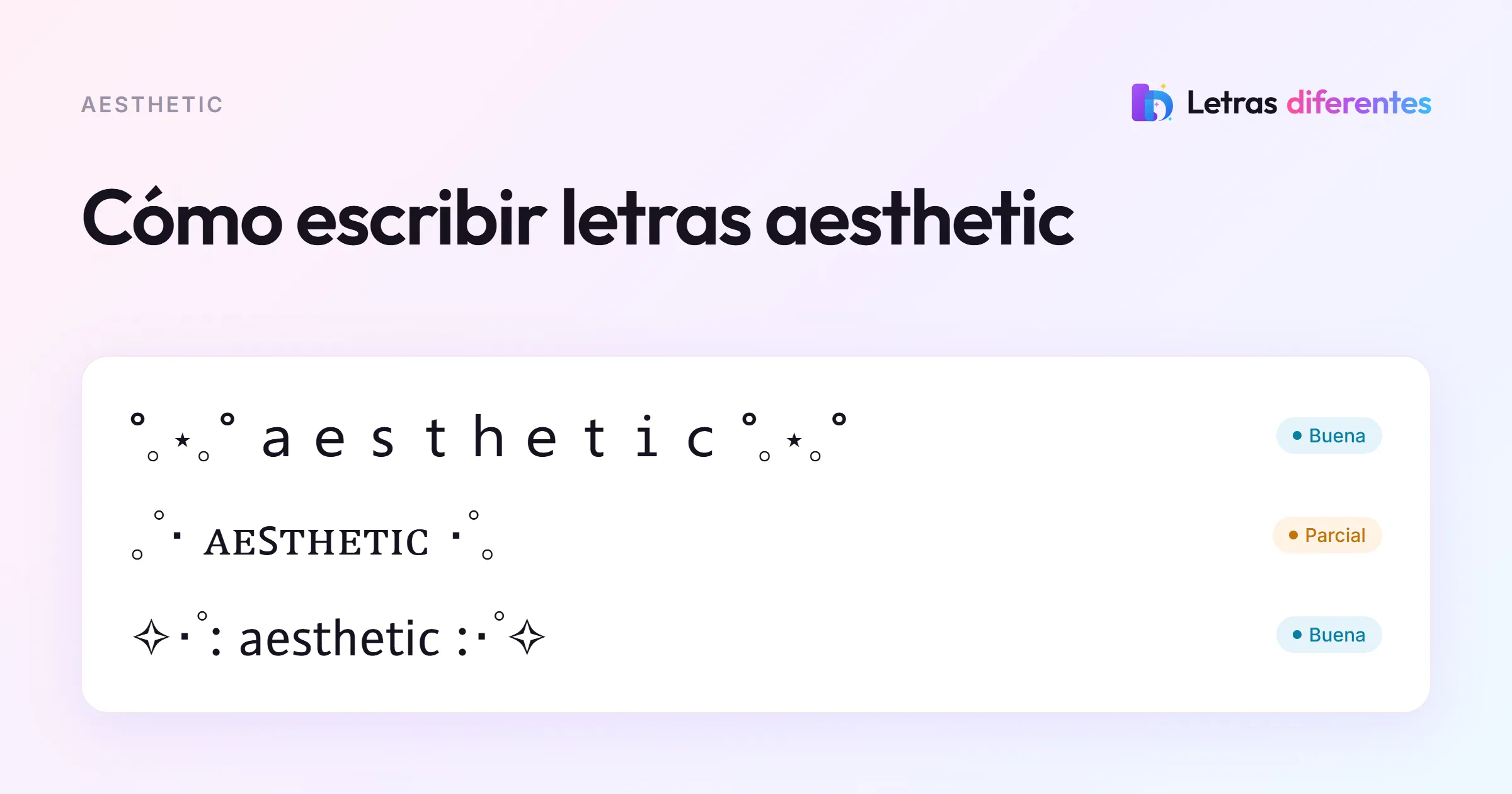 La palabra aesthetic en tres combinaciones con estrellas, brillos y espaciado suave.
