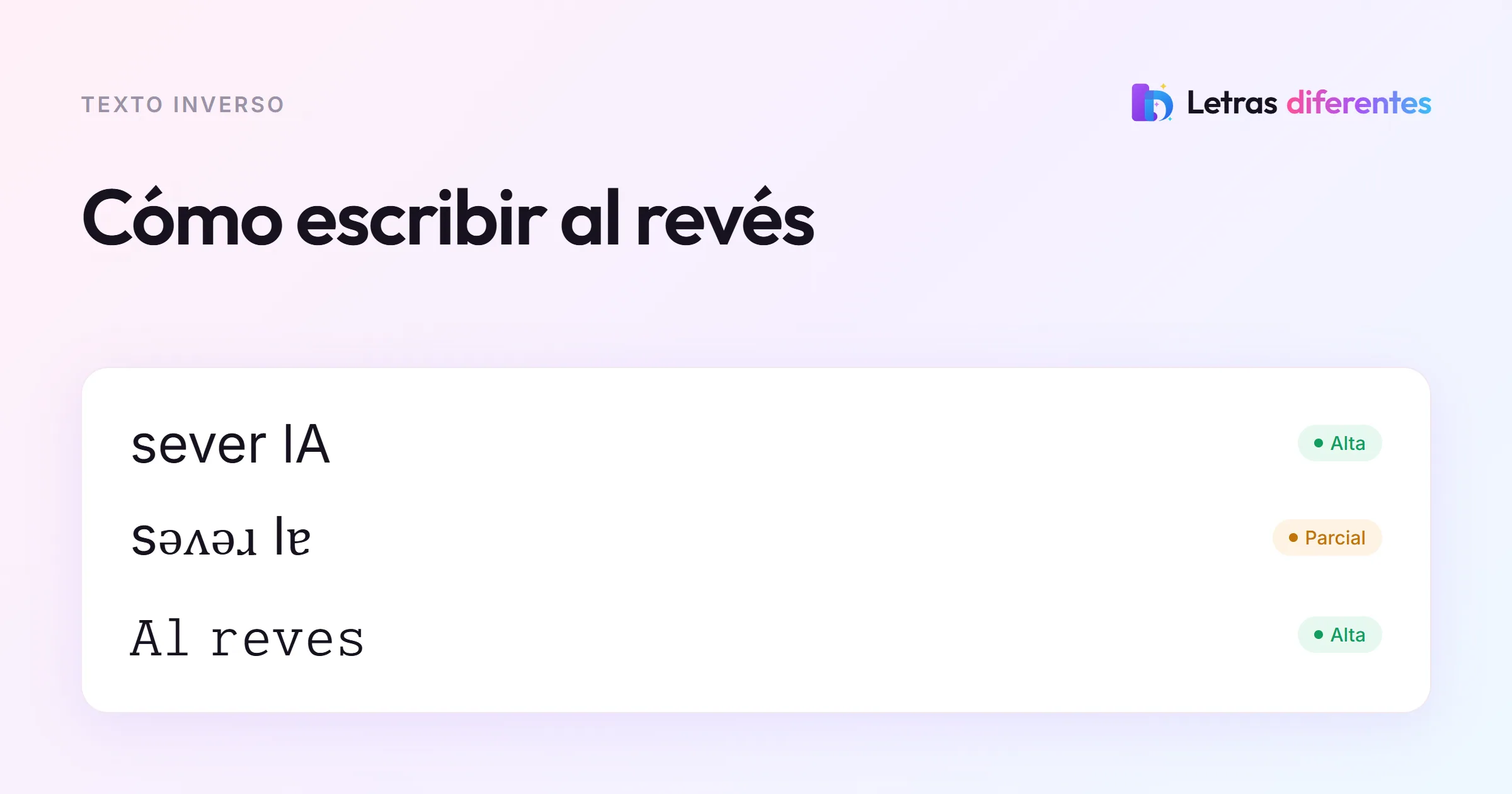 El texto Al reves invertido, girado y en monoespaciada, con sus etiquetas de compatibilidad.