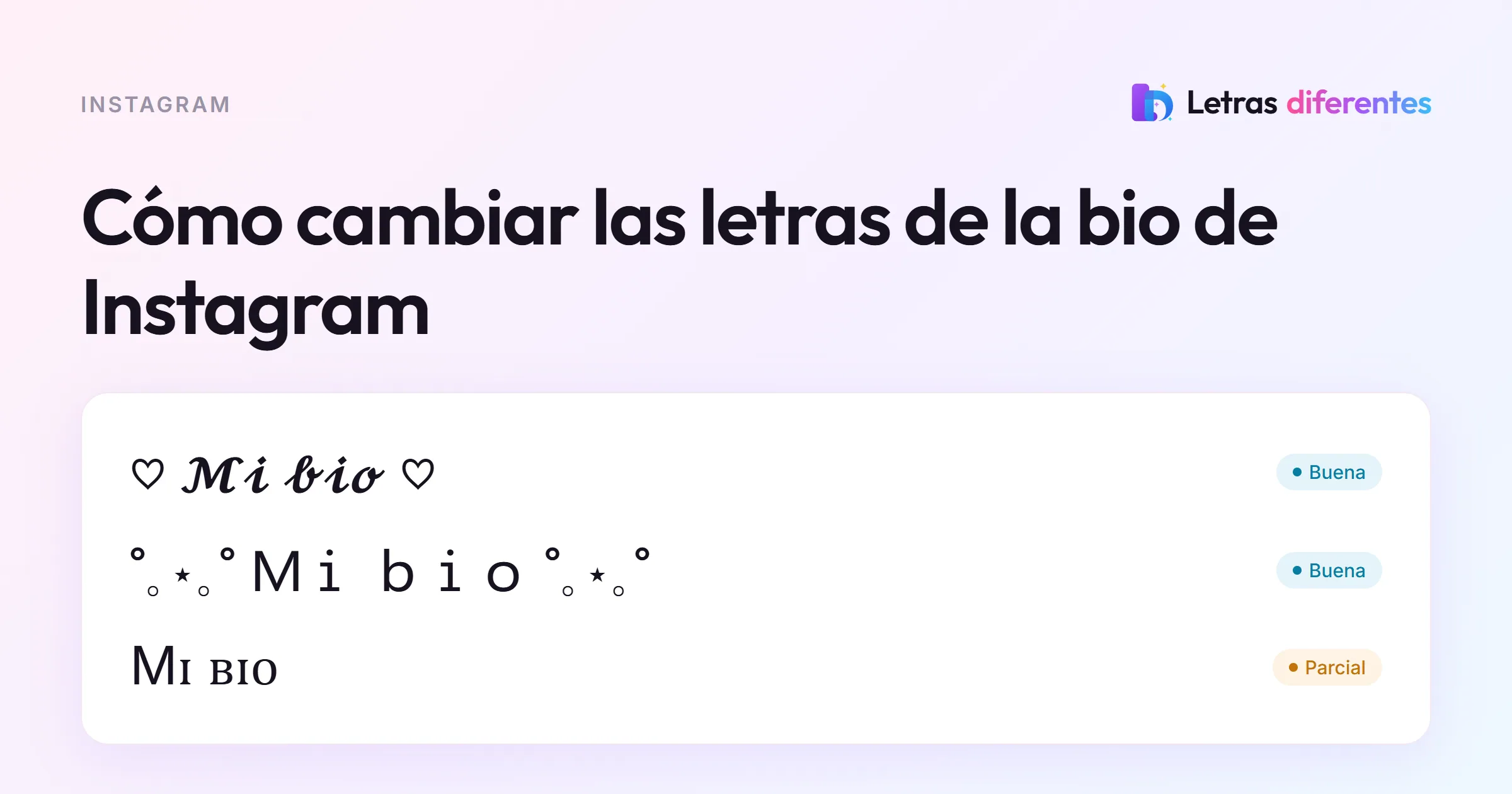 El texto Mi bio en tres estilos decorados con corazones, estrellas y versalitas.