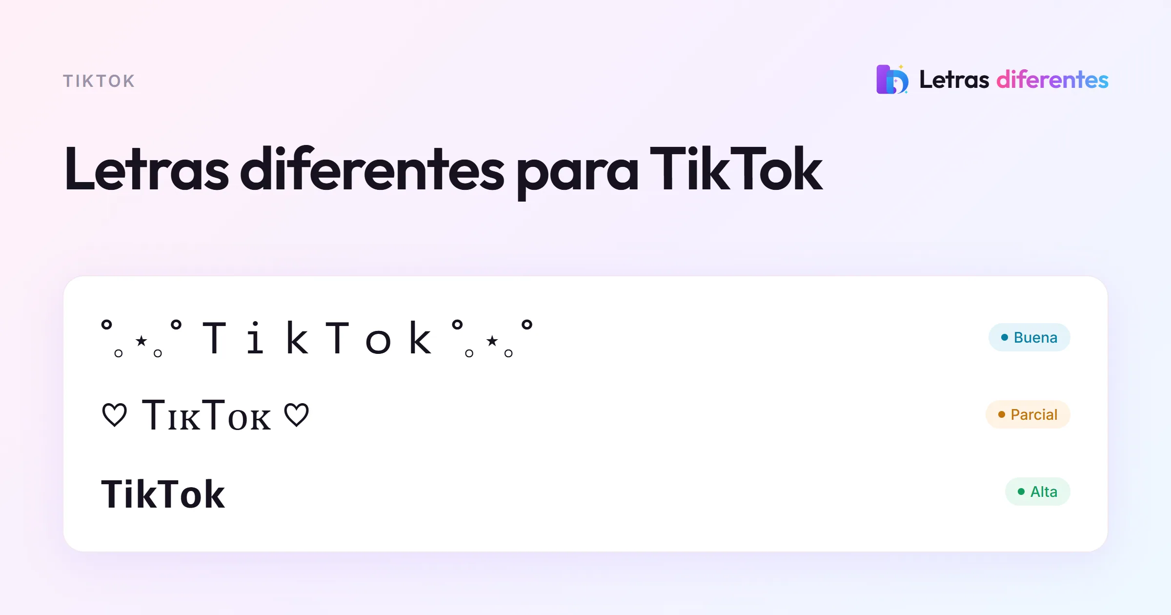 La palabra TikTok en tres estilos con estrellas, corazones y sans negrita.