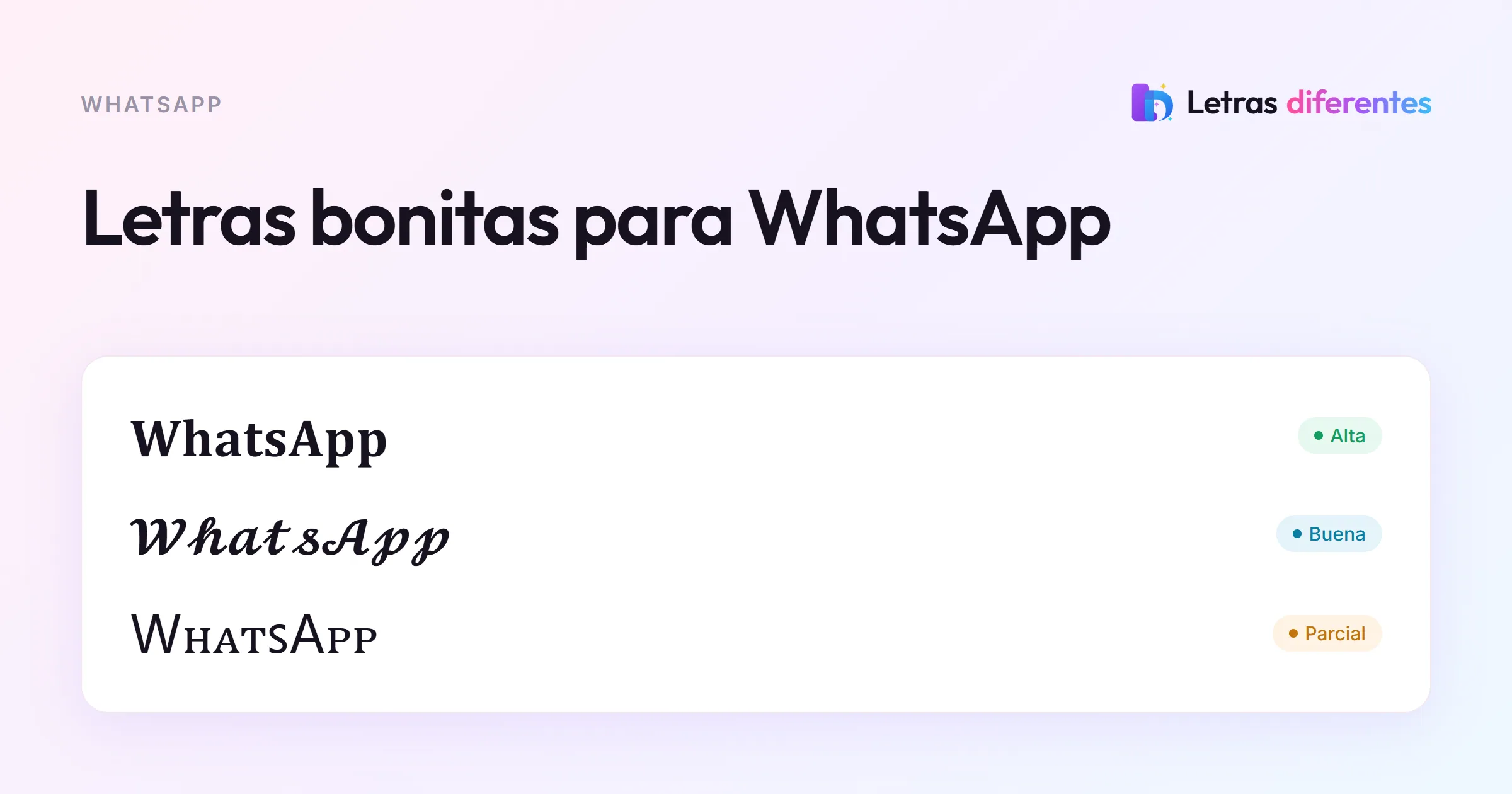 La palabra WhatsApp en negrita, script negrita y versalita, con sus etiquetas de compatibilidad.